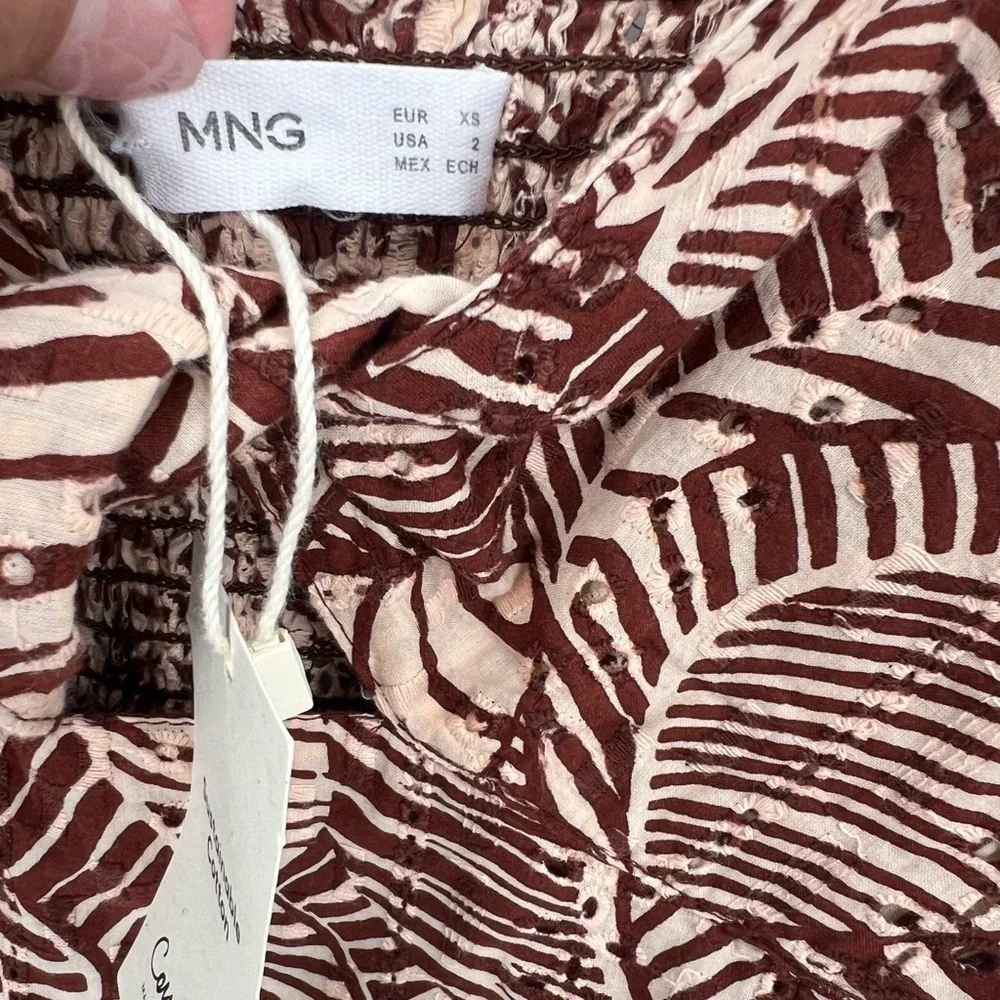 MNG Mango Palm Print Eyelet Balloon Sleeve Mini Dress
